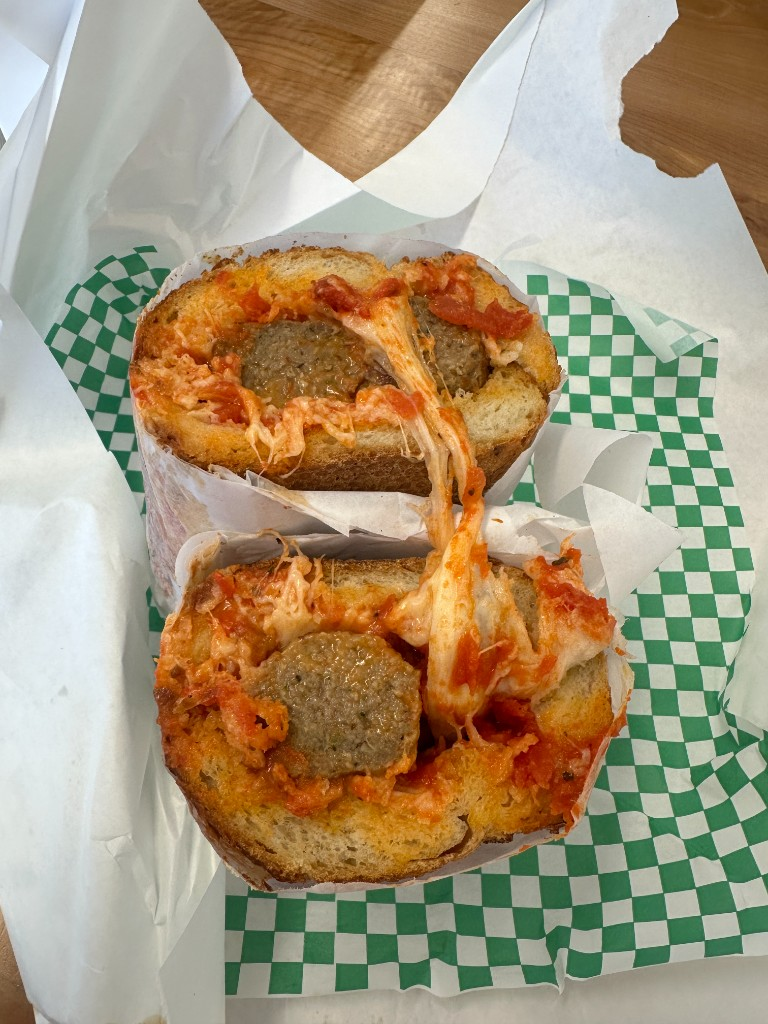 Meatball parm sandwich on sourdough